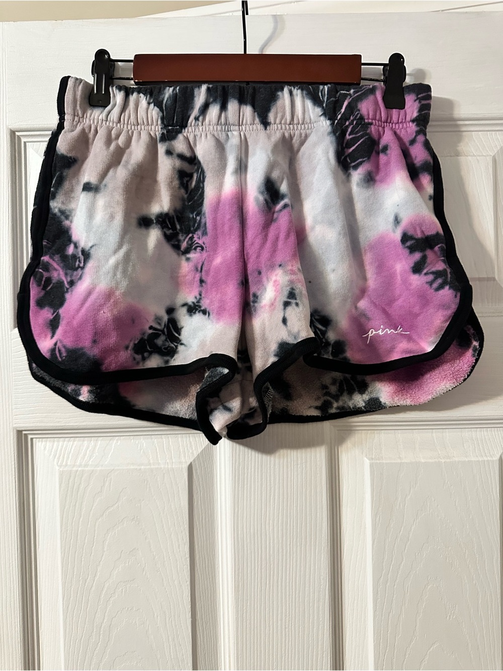 PINK Victoria's Secret Plush Tie-Dye Athletic Shorts in Pink, Black & White